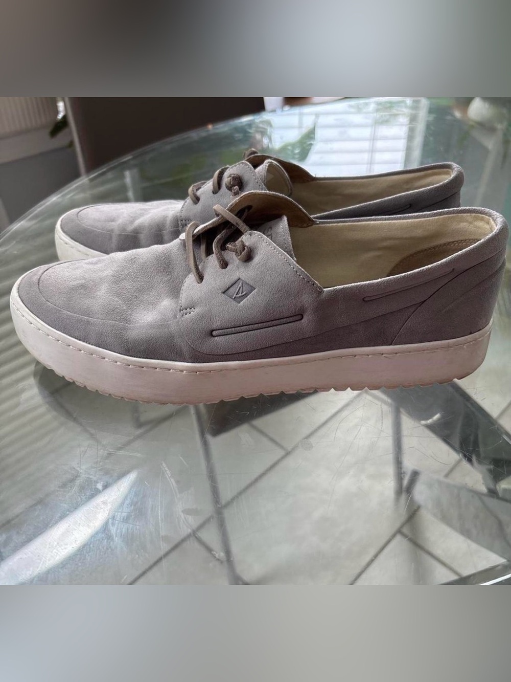 Sperry Men's Light Gray Suede Boat Shoes with White Sole - Picture 3 of 7